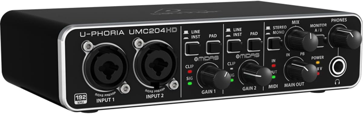 Behringer UMC204HD Audiophile 2x4, 24-Bit/192 kHz USB Audio/MIDI Interface with Midas Mic Preamplifiers | For Recording Microphones and Instruments