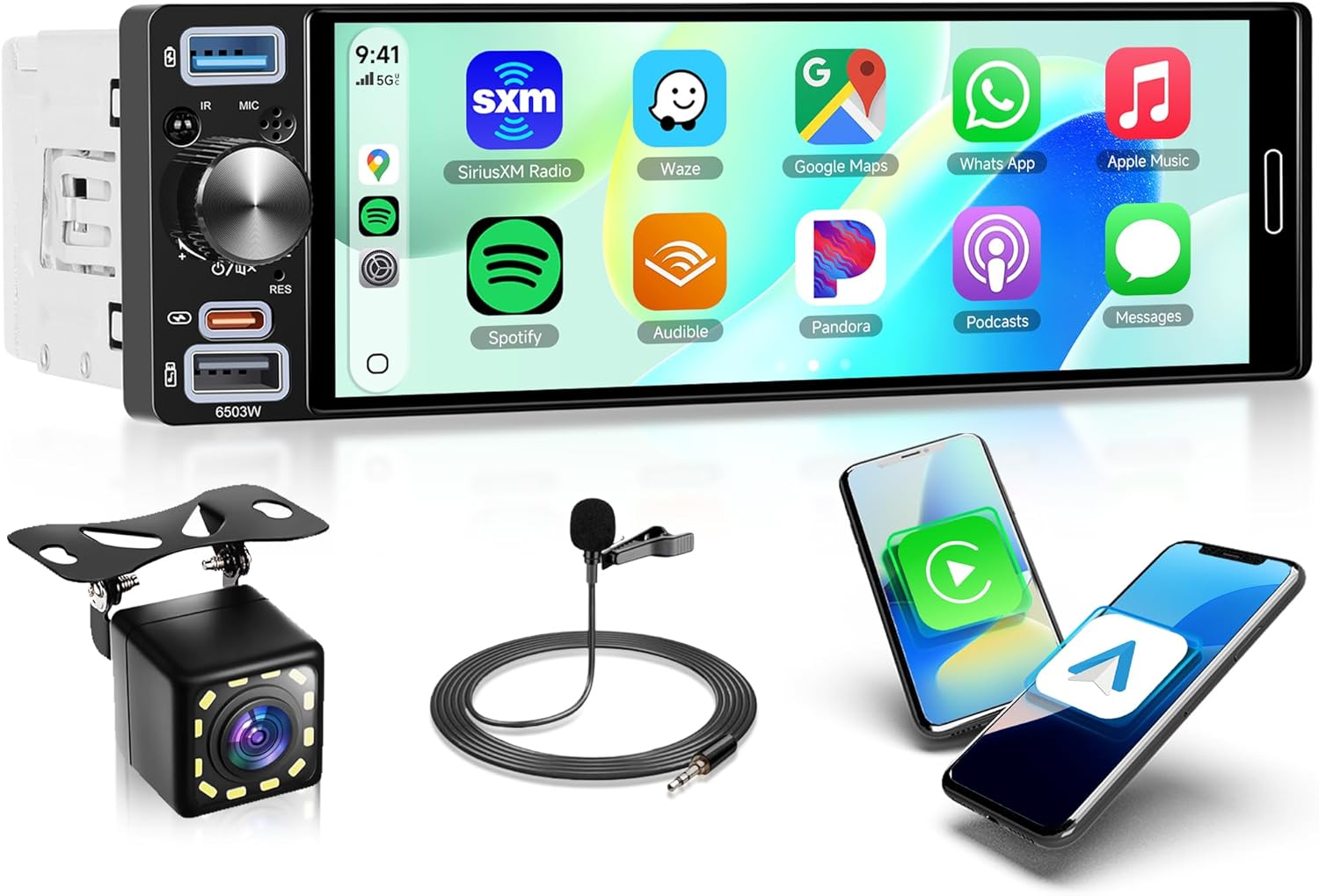 6.5 inch Single Din Car Radio Wireless Carplay Android Auto Car Stereo, 1 Din Radio Incell Touch Screen Stereo Bluetooth 5.2, Mirror Link, FM AM RDS SWC EQ USB Type-C Fast Charging, Backup Camera