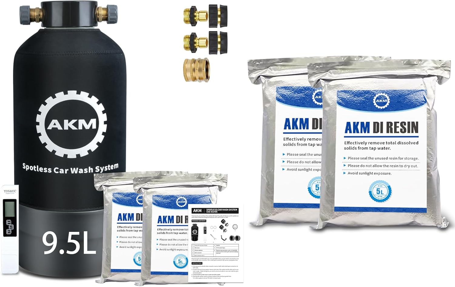AKM Spotless Water System for Car Wash, DI Resin Pre-Filled, Quick Connectors, with 10L DI Resin Refill Pack