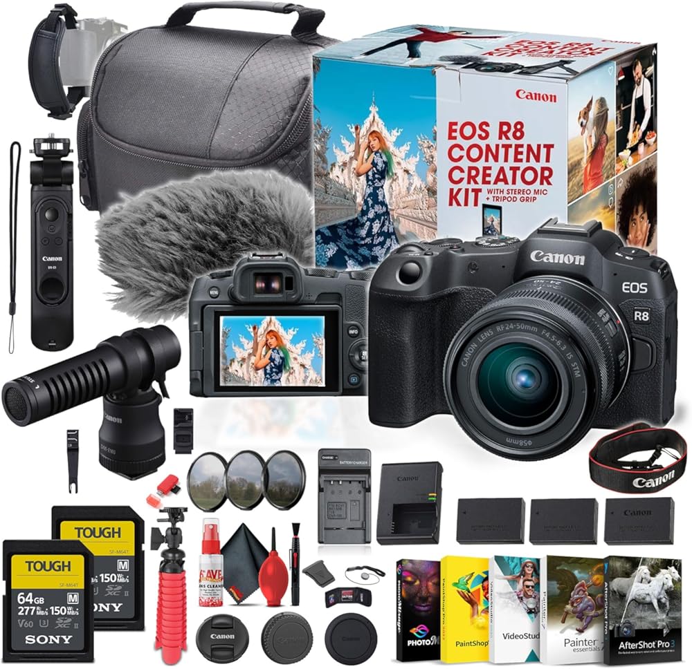 Canon EOS R8 Mirrorless Camera Content Creator Kit with RF 24-50mm f/4.5-6.3 is STM Lens (5803C037) + 2 x 64GB Memory Card + Photography Software + Filter Kit + 2 x LPE17 Battery + More (Renewed)