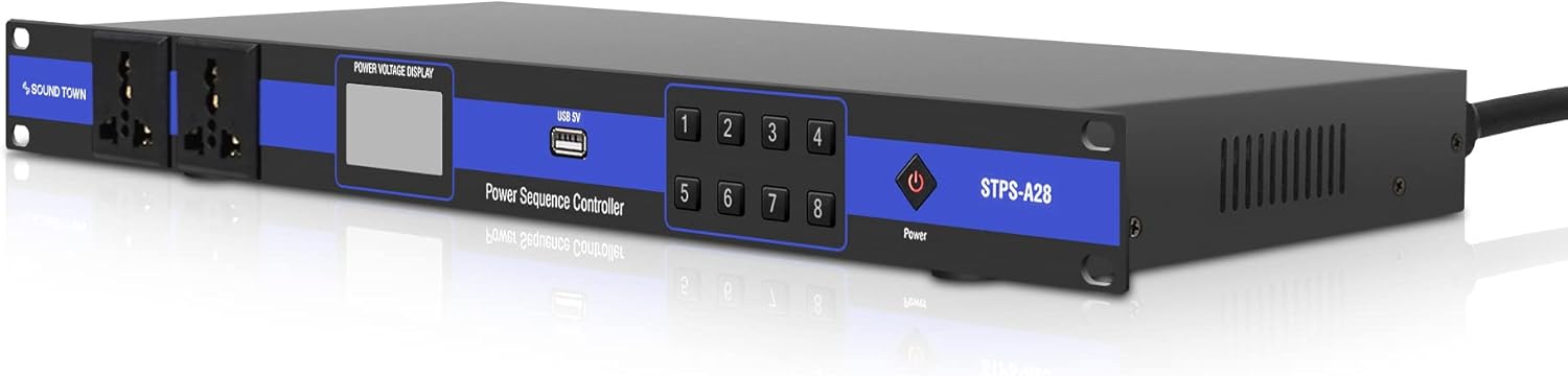 Sound Town Rack-Mountable AC Power Conditioner/Sequencer with 10 Outlets, Aluminum Panel, Protection, Voltage Display, for Stage, Studio, Home Theater (STPS-A28)