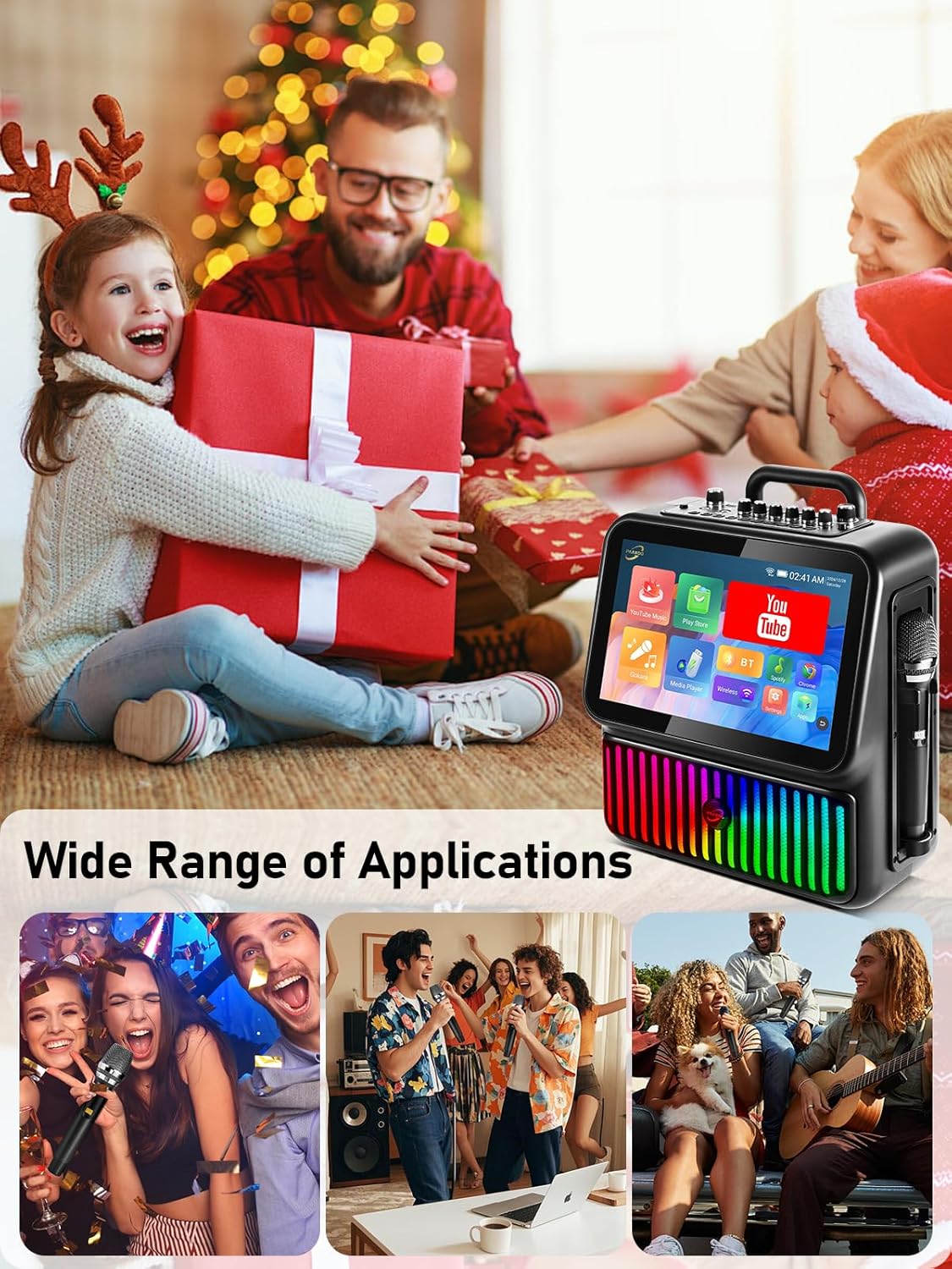 Smart Karaoke Machine, Bluetooth Karaoke Speaker with 2 Wireless Microphones，DJ Lights for Home Party Gathering, Karaoke Microphone Wireless PA System Supports