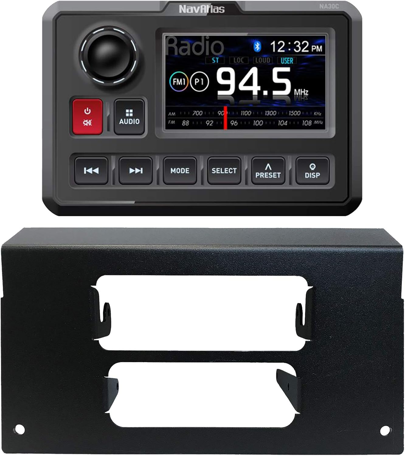 NavAtlas Digital Media AM/FM Radio Stereo Bluetooth USB Waterproof Powersports Receiver Bundle Combo with Upper Dash Installation Kit (Compatible with 2019-2020 Polaris Non-Ride Command)