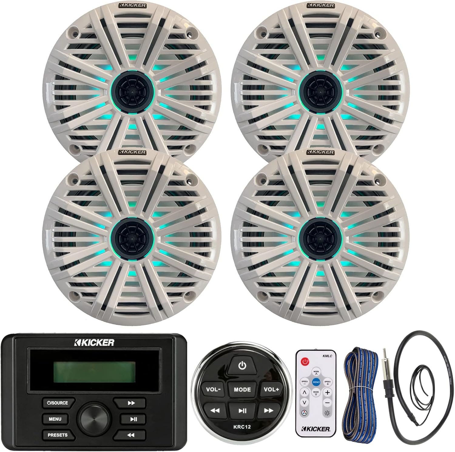 Kicker Marine Bluetooth USB RCA Stereo Receiver w/Remote Bundle with (QTY 4) 6.5