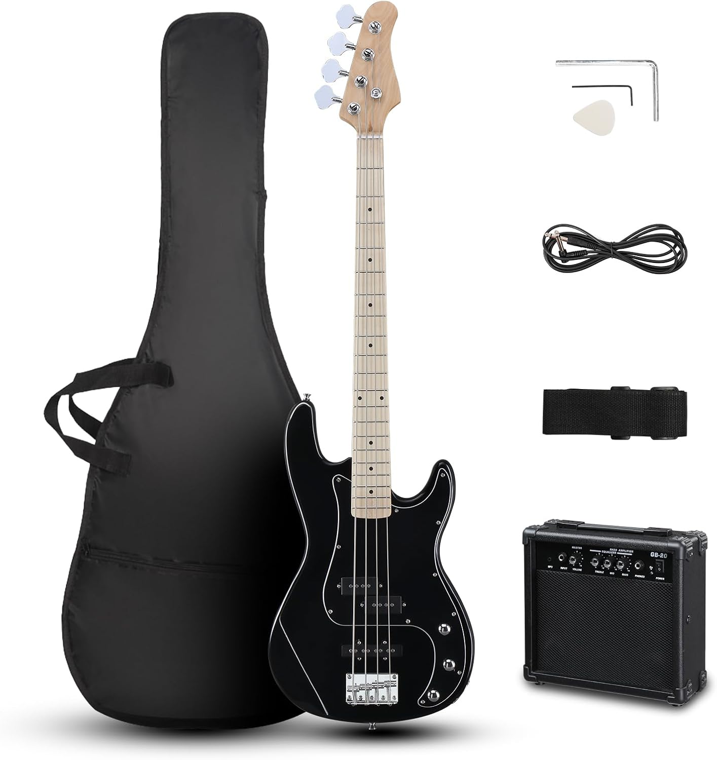 Ktaxon 4 String Bass Guitar Full Size Electric Bass Guitar Starter Kit with 20W AMP, Portable Gip Bag, Premium Cable, Adjustable Strap, Picks and Wrench, Gift For Music Lover(Set-Black)
