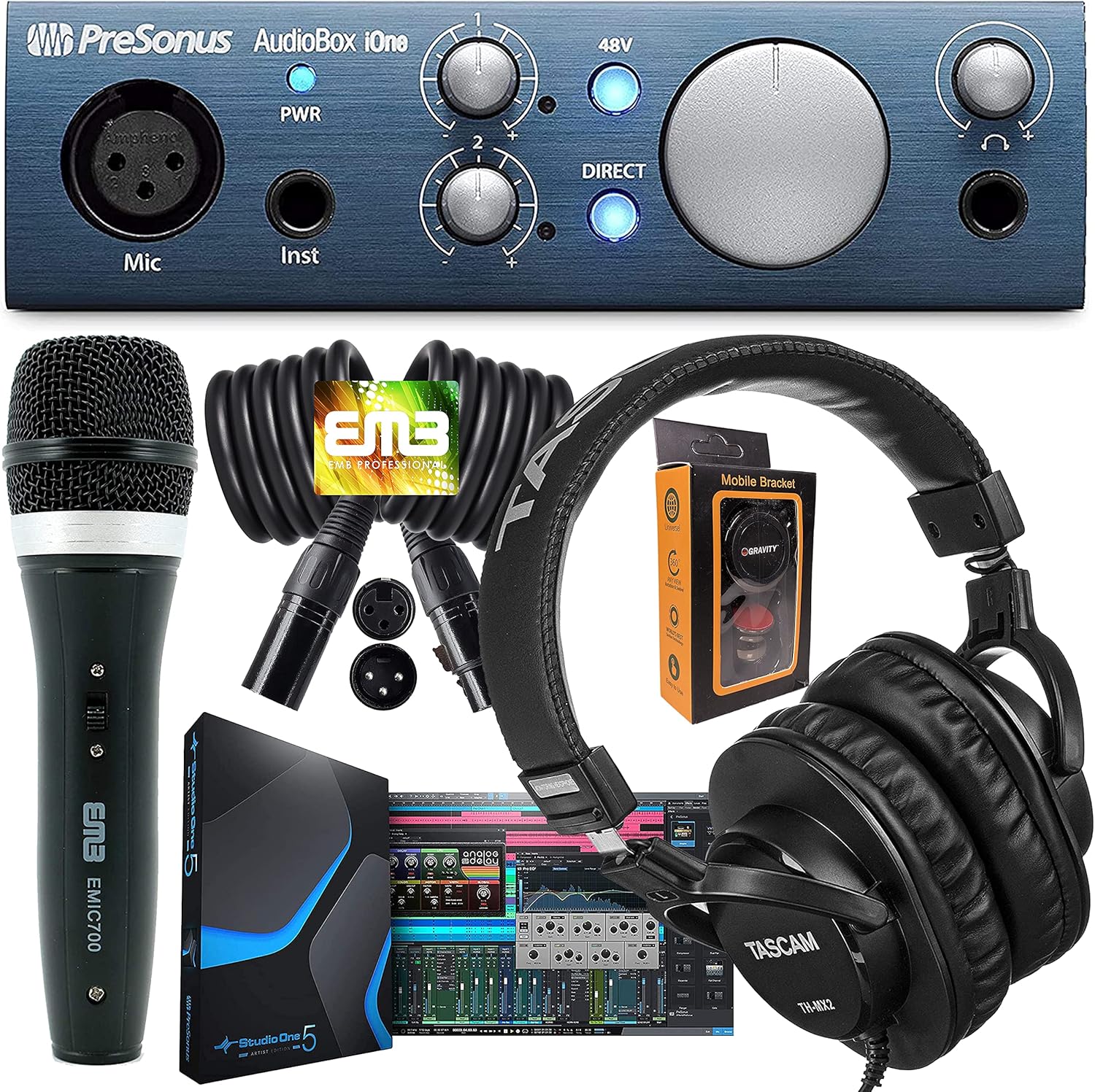 PreSonus AudioBox iOne 2x2 USB/iPad Audio Interface with Studio One Artist and Ableton Live Lite DAW Recording Software with EMB Cable and Microphone Package PK3 Bundle