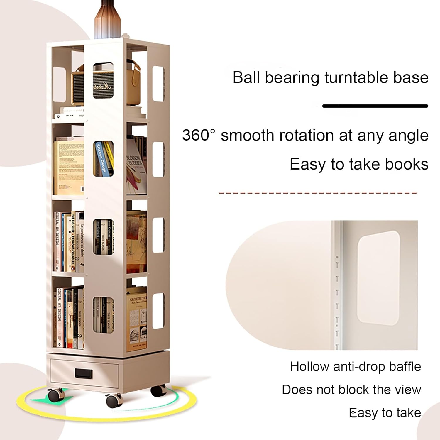 4-Tier Rotating Bookshelf, Freestanding Corner Book Shelf, 360° Spinning Bookcase, Metal Storage Rack with Wheels, for Living Room, Bedroom, Study