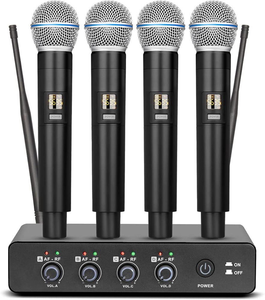 Depusheng R4 Karaoke Wireless Microphones Professional 4 Channels Handheld Wireless Microphone System Metal Dynamic Mic for Karaoke Singing, House Party, Church, Performance