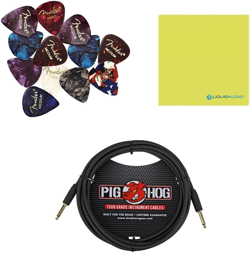 Fender Acoustic Guitar Amp Junior 120V, Dark Brown Color Bundle with Pig Hog “Black Woven” 10ft Instrument Cable, 12X Fender Guitar Picks & Liquid Audio Instrument Polishing Cloth