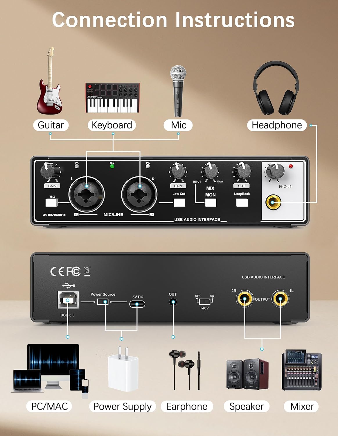 HOSONGIN USB Audio Interface for Beginners - 24Bit/192kHz, 48V Phantom Power, Plug & Play Recording for Podcast/Vocals/Guitar/Youtube, PC/Mac/iOS Compatible (Black Metal)