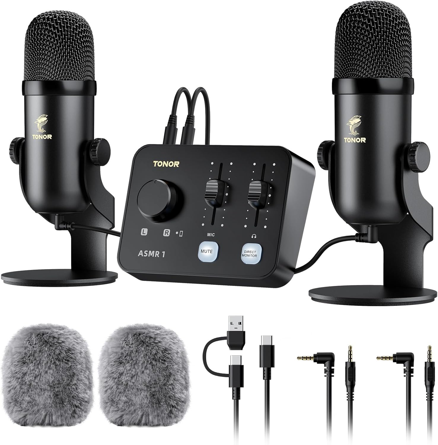 TONOR ASMR Microphone Equipment Bundle with Audio Interface, Immersive 3D Stereo Audio, Dual Condenser Mics with Audio Mixer, Clear Sound, Volume Control, with Furry Windscreens, Set for ASMR, Black