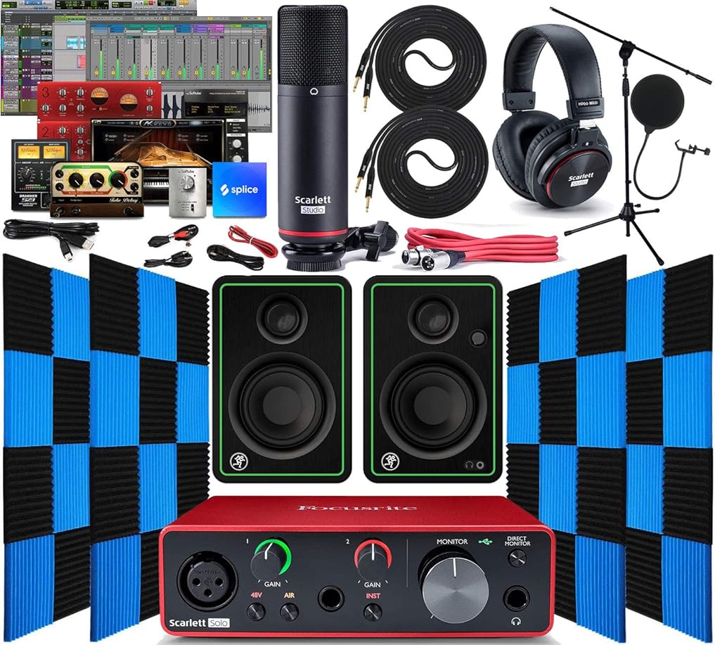 Focusrite Scarlett Solo 2x2 USB Audio Interface with Creative Music Software Kit with Mackie CR3-X Pair Studio Monitors, 24 Pack Acoustic Soundproof Studio Foam Wedges Sound Insulation Panels