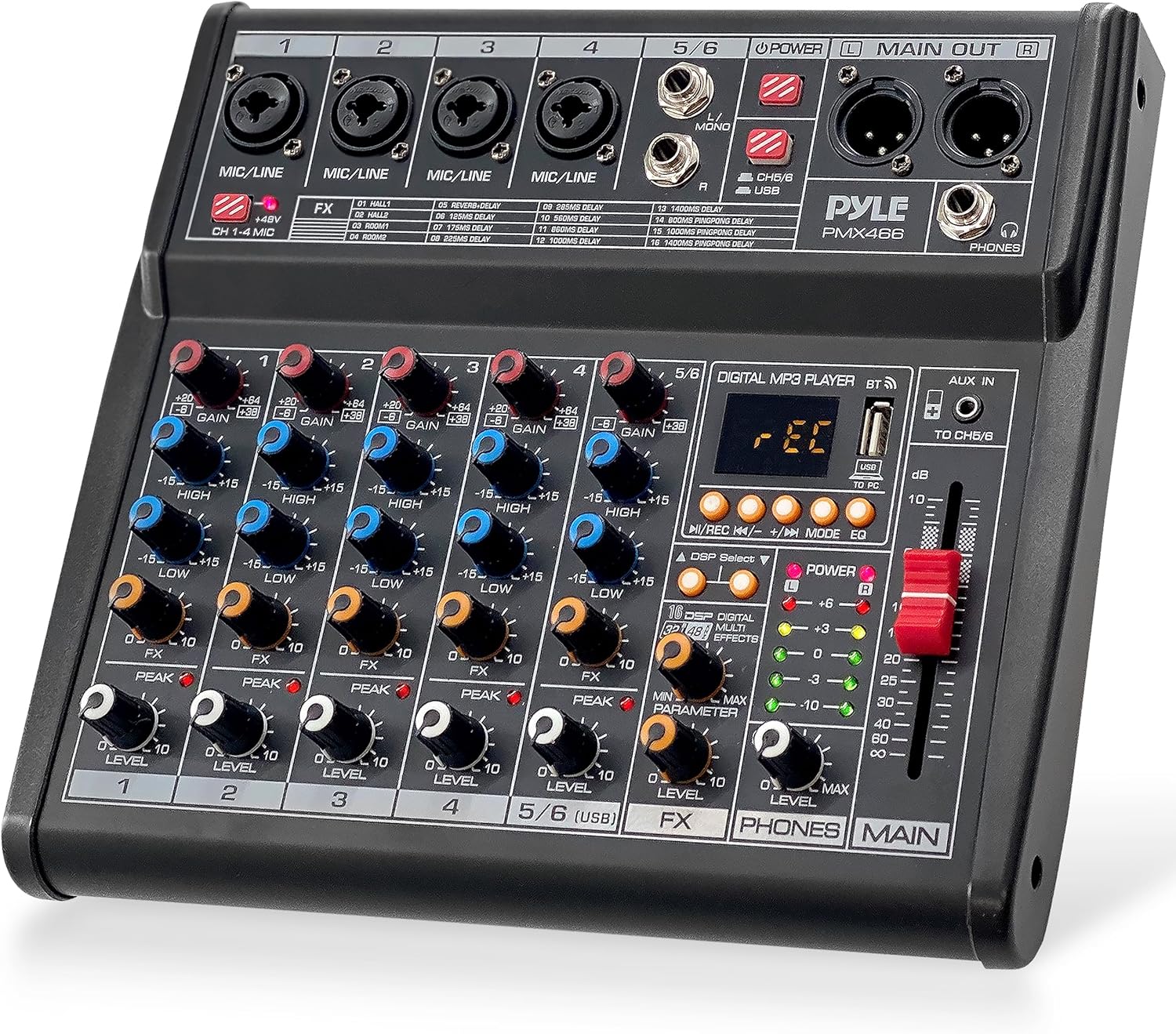 Pyle Professional Bluetooth DJ Audio Mixer - 6-Channel DJ Controller Sound Mixer w/DSP 16 Preset Effects, USB Interface, 4 XLR Mic/Line Input, AUX, FX Processor MP3 Player, Headphone Jack - PMX466