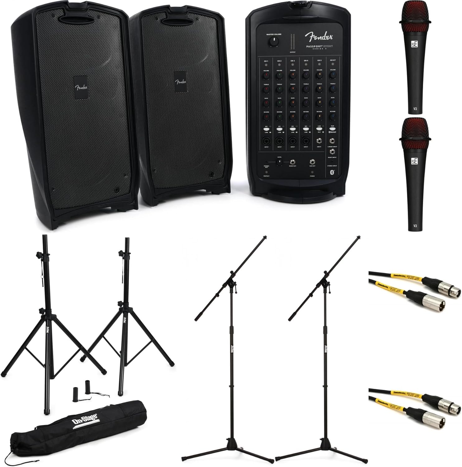Fender Passport Event S2 Portable PA System Bundle with Carrying Bag, 2 Dynamic Vocal Microphones, 2 Microphone Stands, and 2 XLR Cables – Lightweight and Powerful Sound System for Events