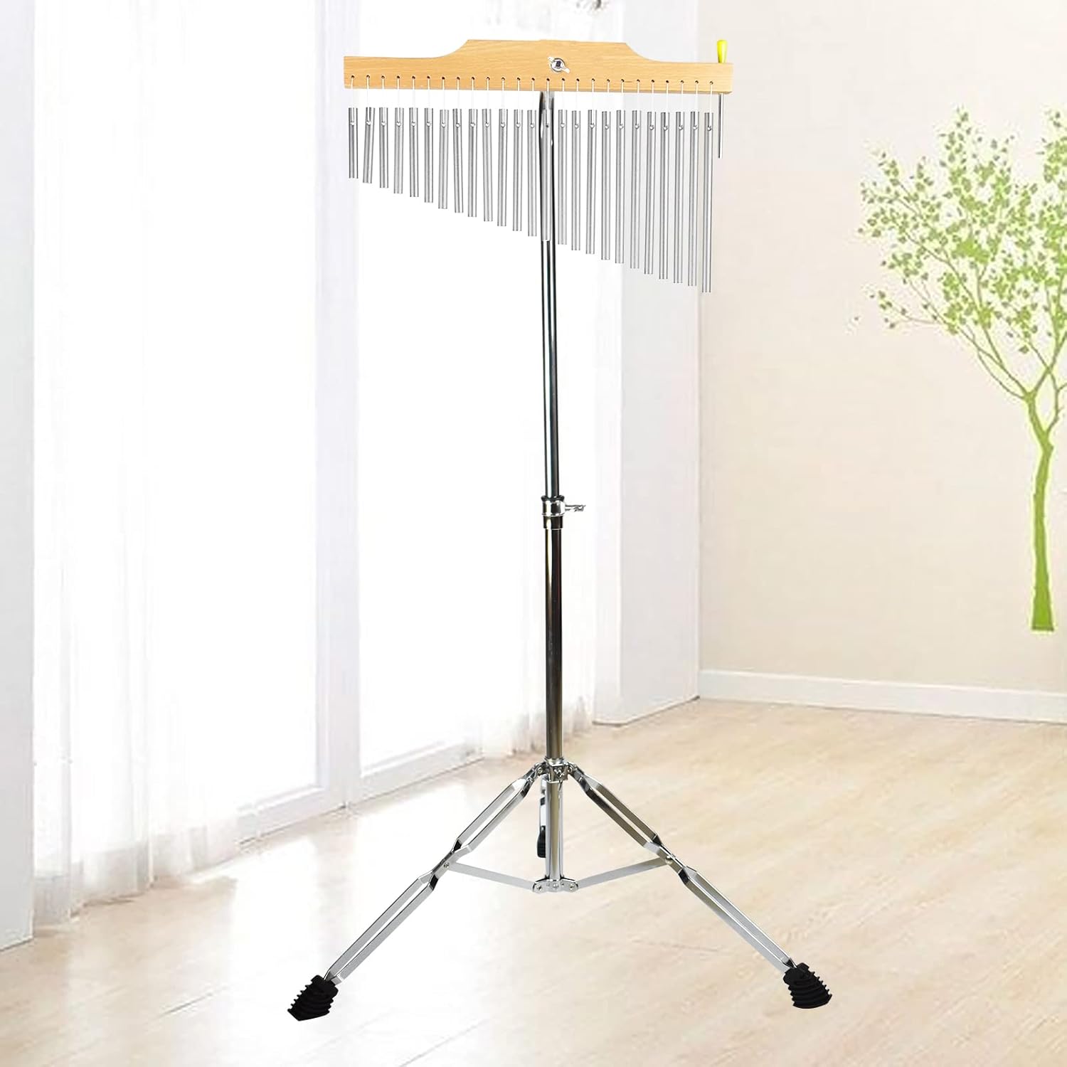 TNZMART 25 Tone 36 Tone Bar Chimes Single-row Wind Chimes with Adjustiable Height Tripod Stand Percussion Instrument Bell (25 note silver)