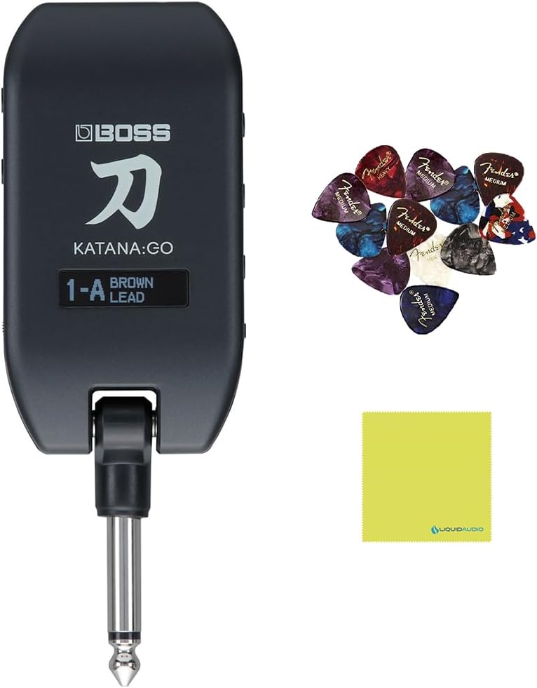 Boss Katana:Go Mini Guitar Headphone Amp Bundle with 12 Guitar Picks & Polishing Cloth – Portable Wireless Amp with Pro-Quality Tones, Effects & Bluetooth for Practice & Silent Jamming