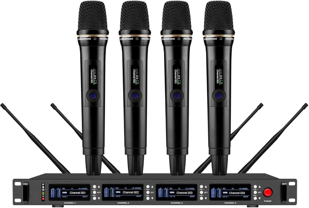 True Diversity 4 Channel Professional Wireless Microphone System for Singing Stage Performance Theatre Speaking, Long Range 490ft, Heavy Duty Handheld Transmitter, Black