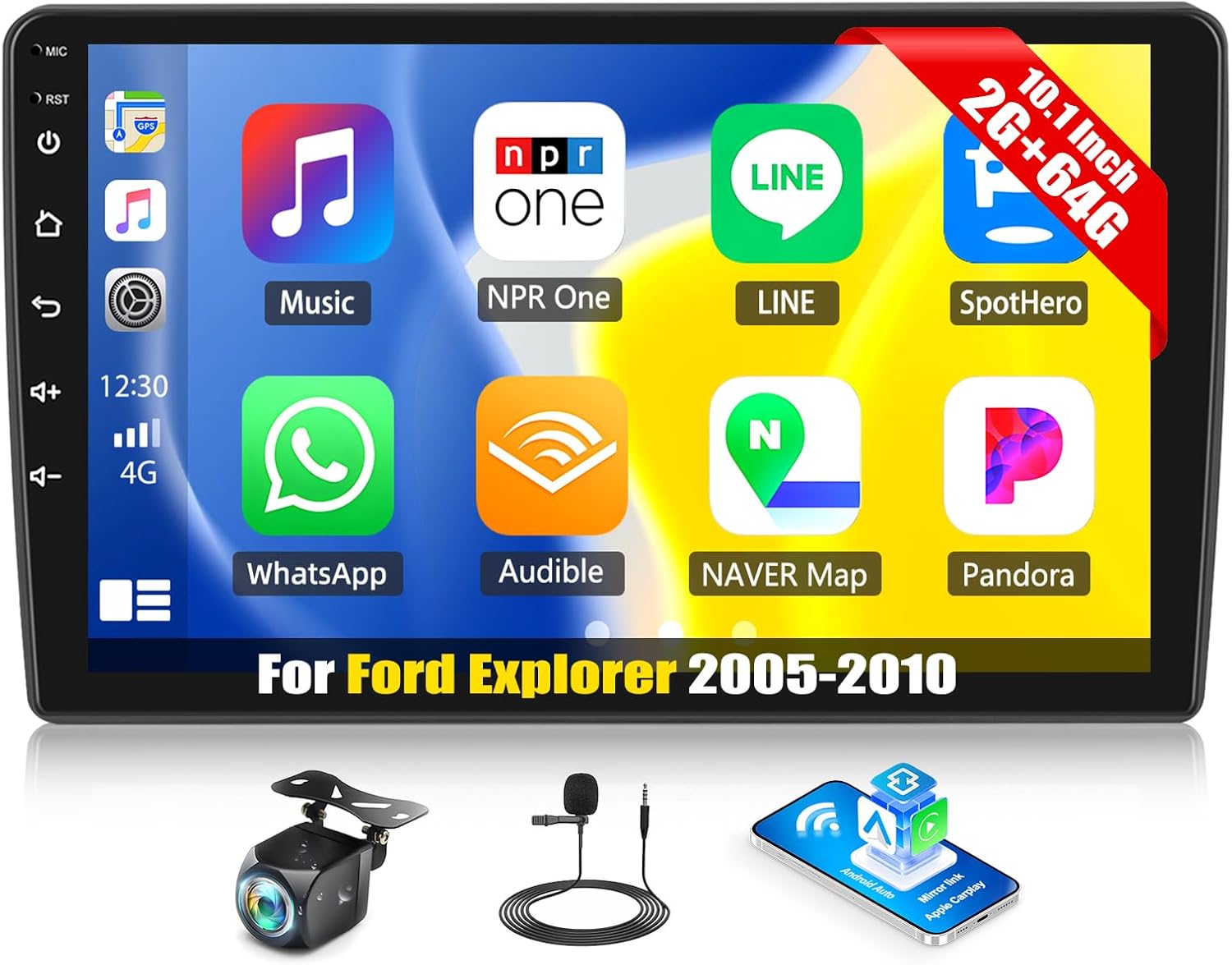 SIXWIN Android Car Stereo for Ford Explorer 2005-2010 with Wireless CarPlay Android Auto Mirror Link 2G+64G 10.1 Inch Touchscreen Bluetooth GPS Navigation WiFi FM Backup Camera MIC