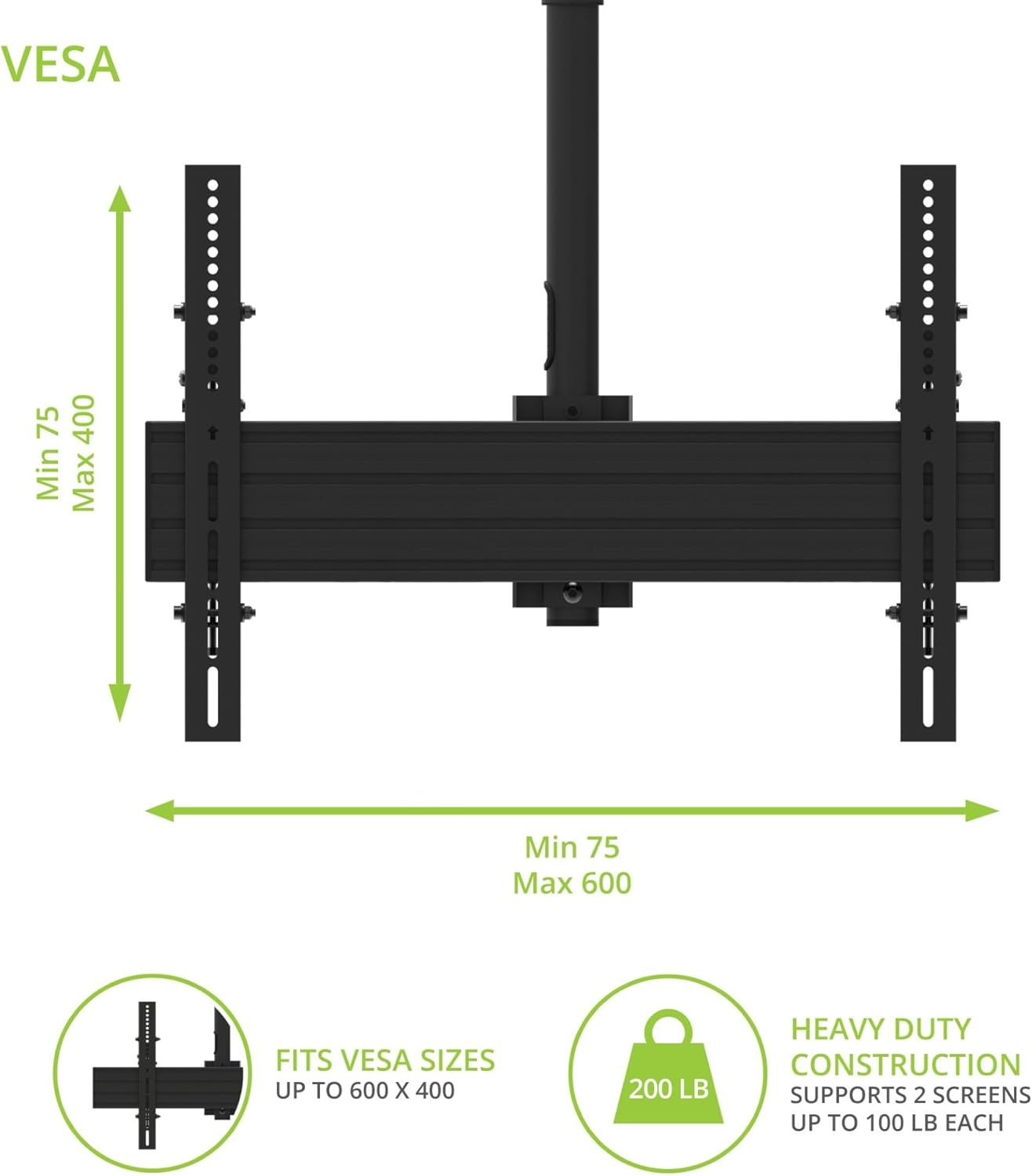 Kanto CM600BTB Back-to-Back Dual TV Ceiling Mount for 40” to 80” TVs | 200 lb Weight Capacity | Height Adjustable | Up to +15°/-6° Tilt | Hidden Cable Management | 360° Rotation | Black