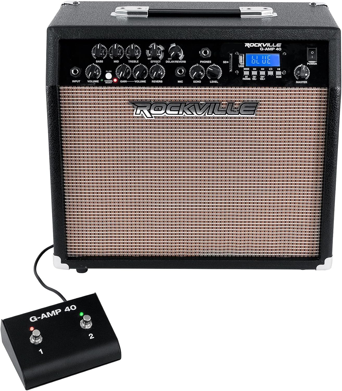 Rockville G-AMP 40 Bundle: Guitar Combo Amplifier, RMC-XLR Wired Microphone, 10 in Speaker, Bluetooth, USB, Microphone Input, Footswitch, Speaker Cabinet, DJ Handheld, Metal Body, Two Cables, 2-Items