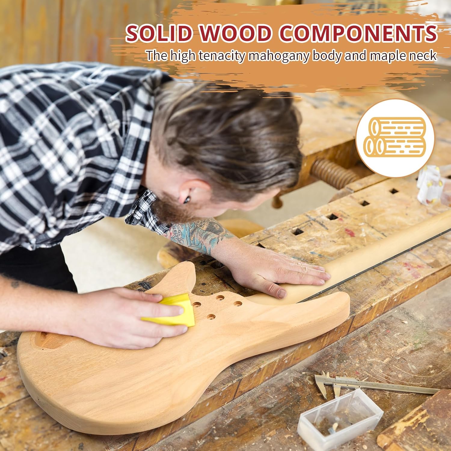 Ktaxon DIY Electric Guitar Kit, 44Inch DIY Bass Guitar Kit with Mahogany Body, Solid Wood Fingerboard and Maple Neck, Easy Installation & All Accessories Included to Build Your Own Guitar(KIB)