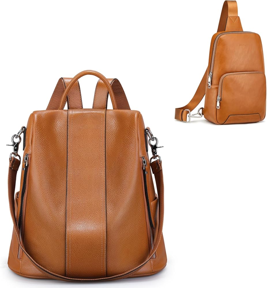 S-ZONE Genuine Leather Backpack Purse with Sling Bag for Men Women Crossbody Shoulder Bag Backpack Purse Fashion Travel Daypack Chest Bags Ladies