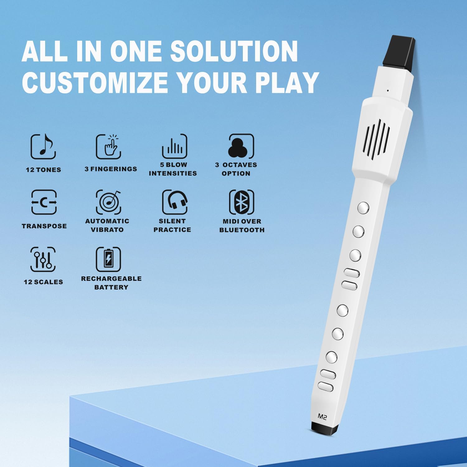 EX Electric Digital Wind Instrument, Electric Saxophone, with 12 Tones, 3 Fingering Modes, 3-Octave Range, Auto Vibrato & Transpose, Bluetooth MIDI & Rechargeable, White