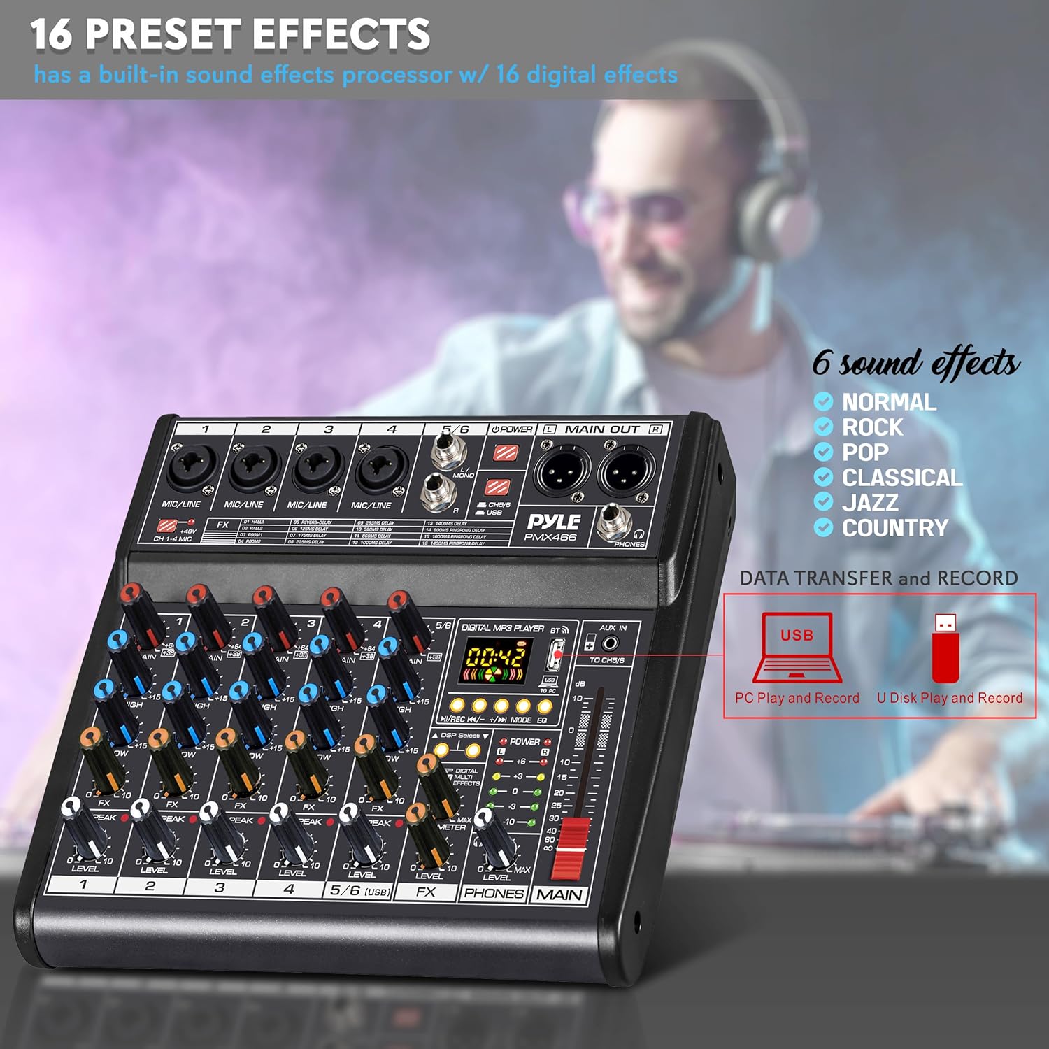 Pyle Professional Bluetooth DJ Audio Mixer - 6-Channel DJ Controller Sound Mixer w/DSP 16 Preset Effects, USB Interface, 4 XLR Mic/Line Input, AUX, FX Processor MP3 Player, Headphone Jack - PMX466
