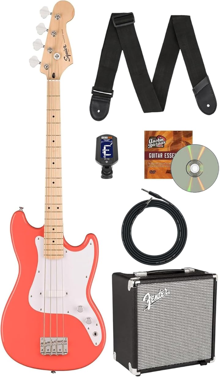 Fender Squier Sonic Bronco Bass - Tahitian Coral Bundle with Rumble 15 Amplifier, Instrument Cable, Tuner, Strap, and Austin Bazaar Instructional DVD