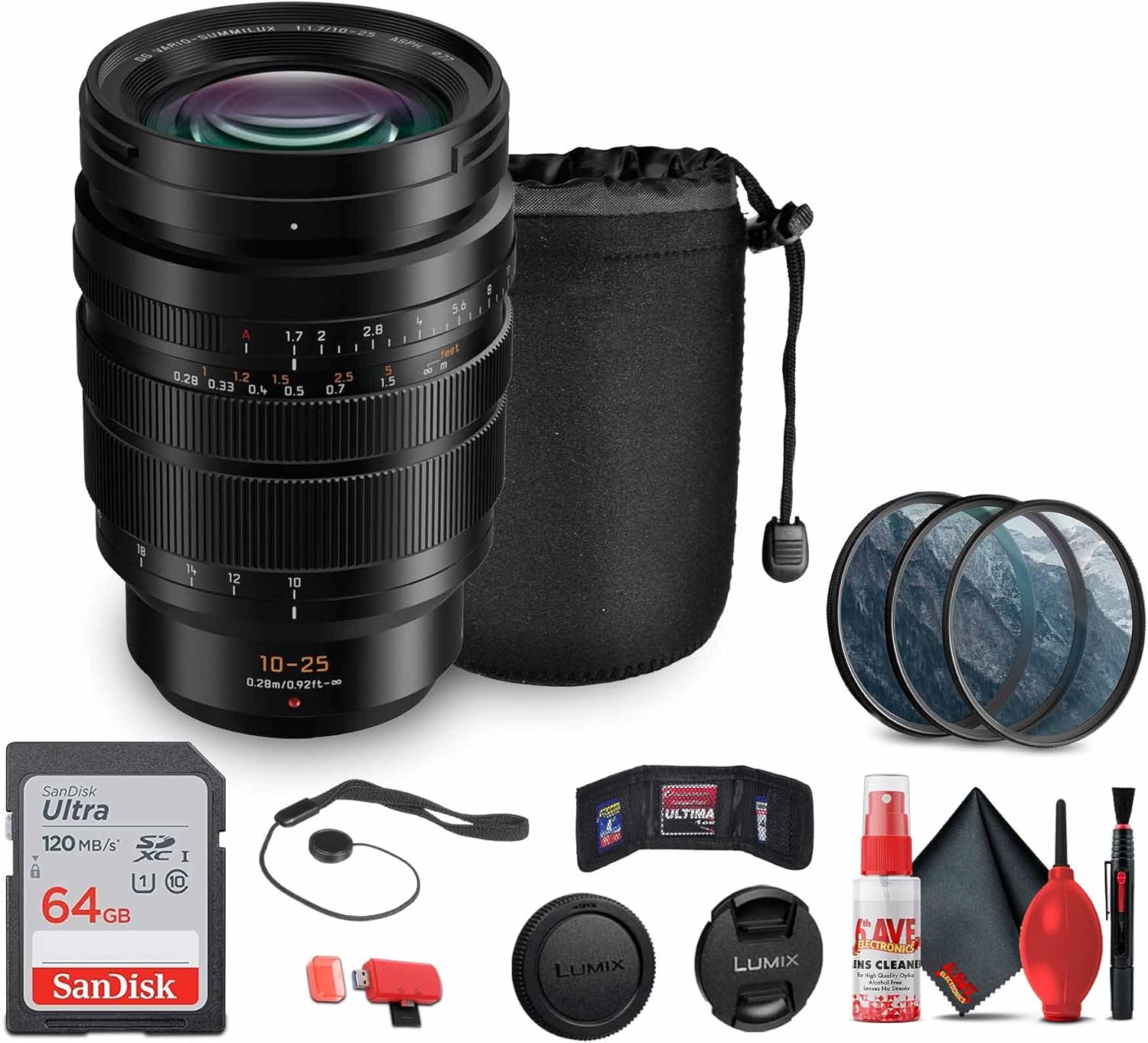 Panasonic Leica DG Vario-Summilux 10-25mm Lens (H-X1025) Bundle Including: 64 GB Memory Card, Lens Pouch, 3-Piece Filter Kit, Lens Caps, Cap Keeper, Full Cleaning Kit, Card Reader, Card Wallet