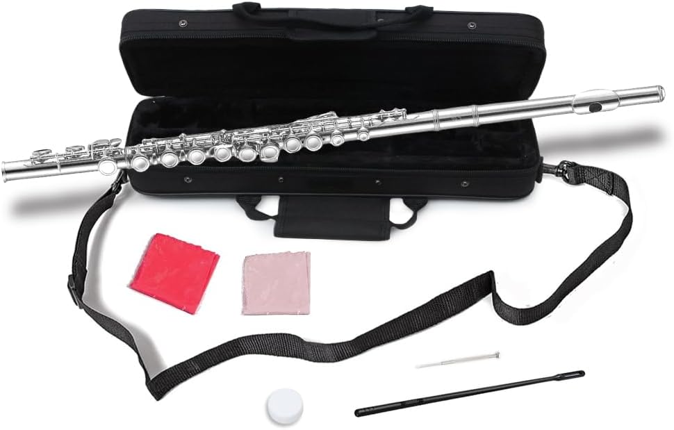 16 Key Closed Hole C Flute - Student Flute for Beginners,Easy to Play with Durable Design, Includes Carrying Case, Cleaning Kit, Gloves, Perfect for Learning(Silver)