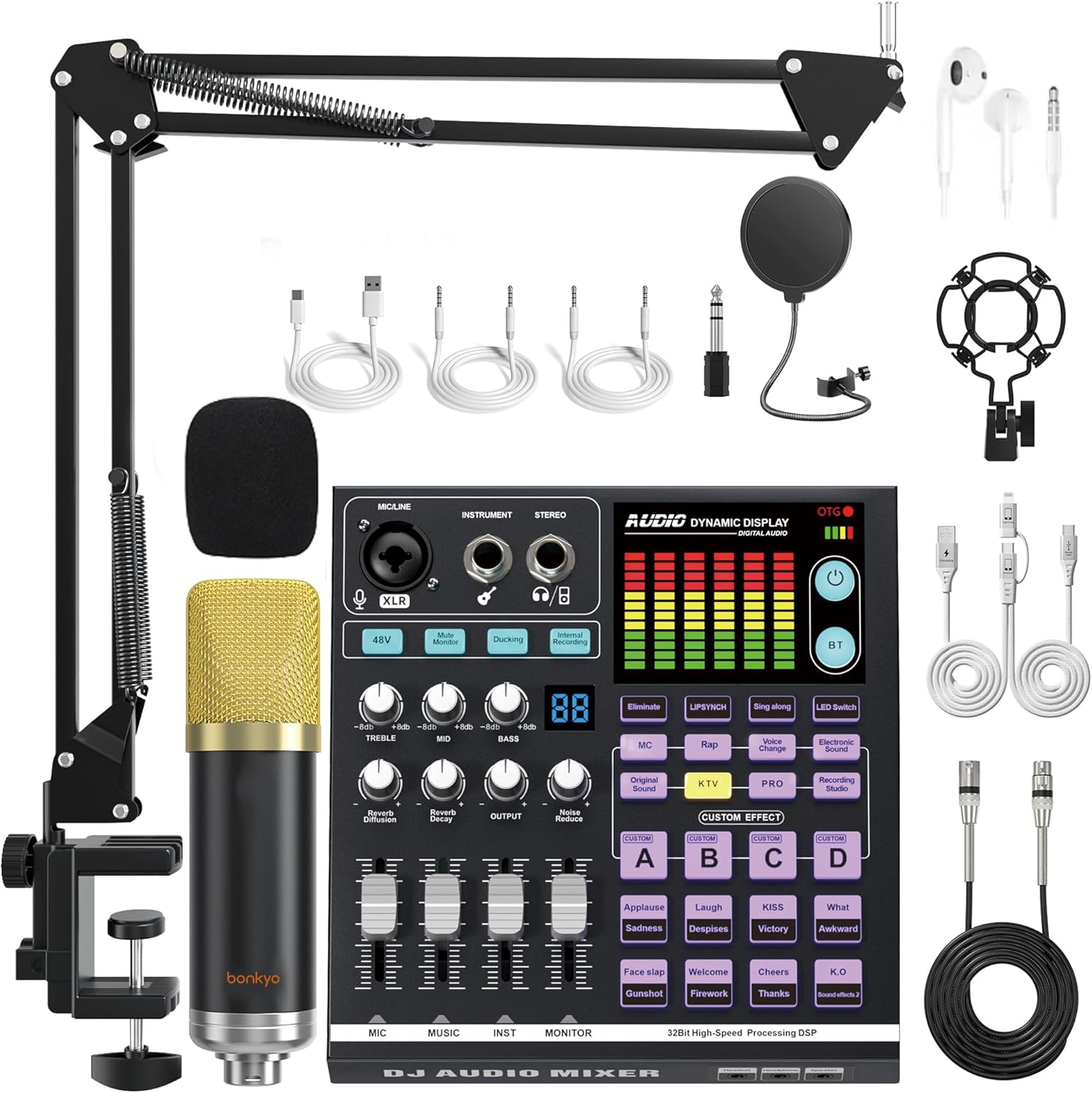 Podcast Equipment Bundle: SN800 Audio Mixer with XLR Mic, Auto Ducking, 16-Level DeNoise, 4000mAh Battery, for Streaming, Singing, Recording, Compatible with Phone/PC/Bluetooth/Instruments