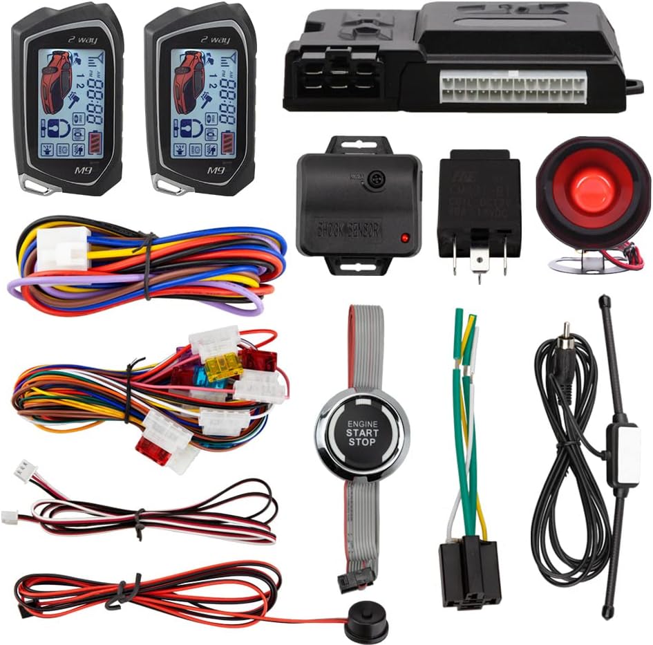 EASYGUARD EC207-M9-SR 2 Way Car Alarm Security Kit with LCD Pager Display Push Start Button Remote Engine Timer Engine Start with Siren DC12V