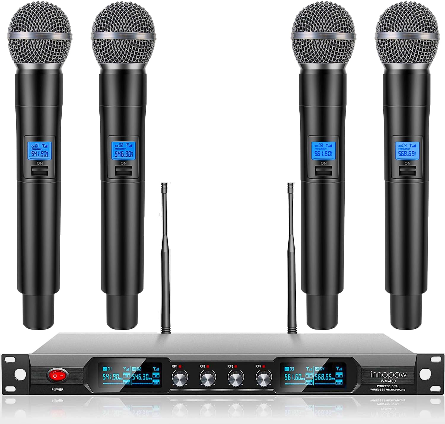 4-Channel Wireless Microphone System, Quad UHF Metal Cordless Mic, 4 Handheld Mics, Long Distance150-200Ft, Fixed Frequency, 16 Hours Use for Karaoke Singing, Church