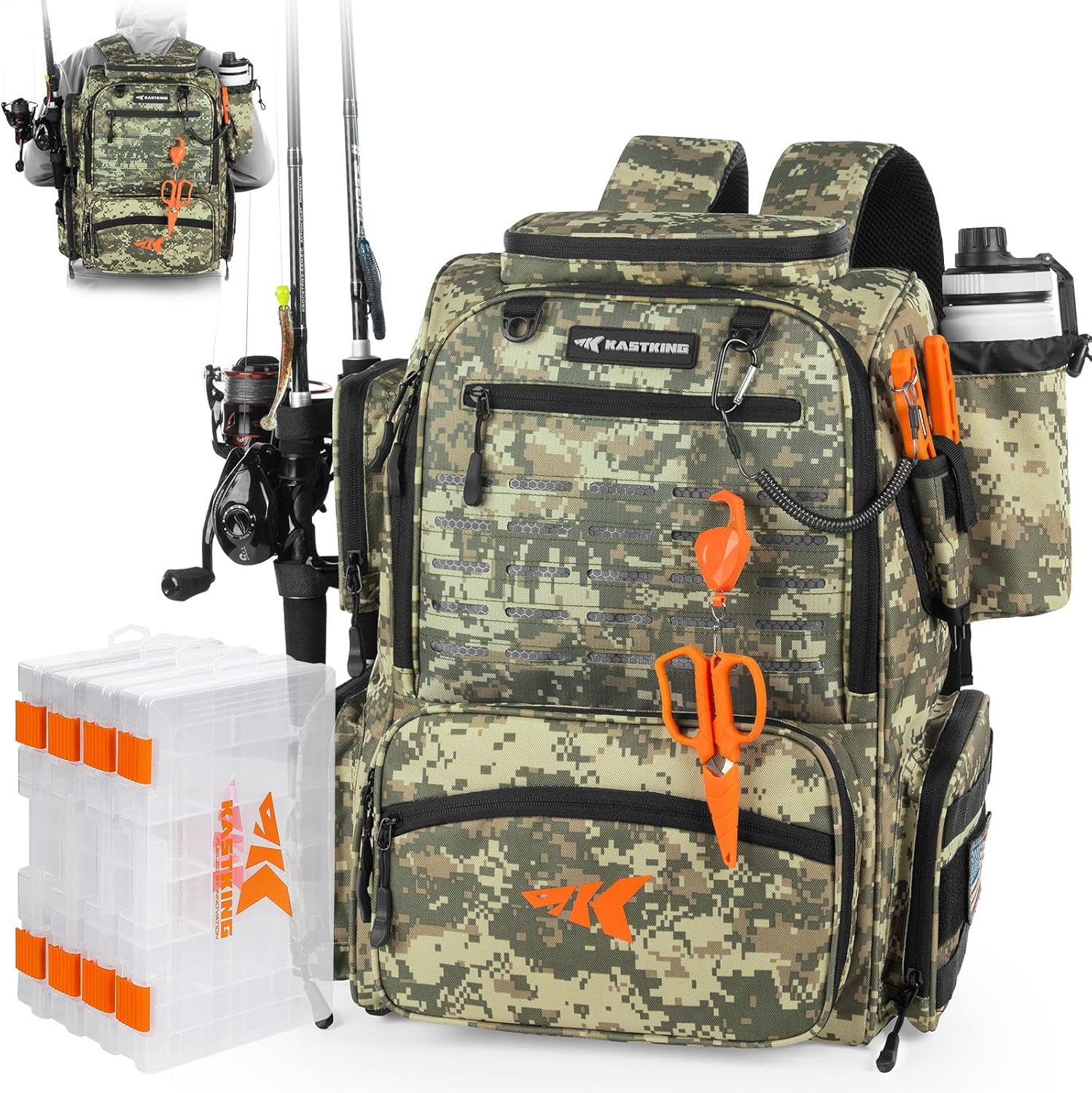 KastKing Bait Boss Fishing Tackle Backpack with Rod Holders-4 Tackle Boxes-Rain Cover,45/43L Large Storage for Fishing Gear