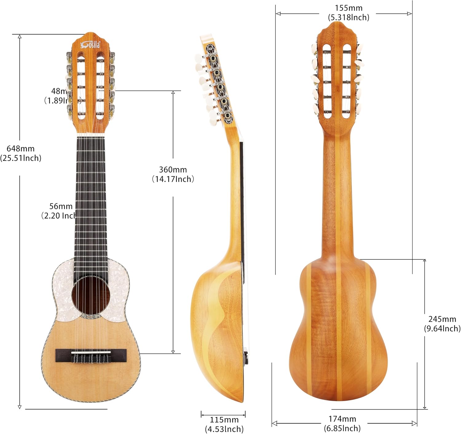 Charango 10-String Traditional Andean Guitar, Solid Spruce Top with Okoume Body, 17 Frets, Includes Case