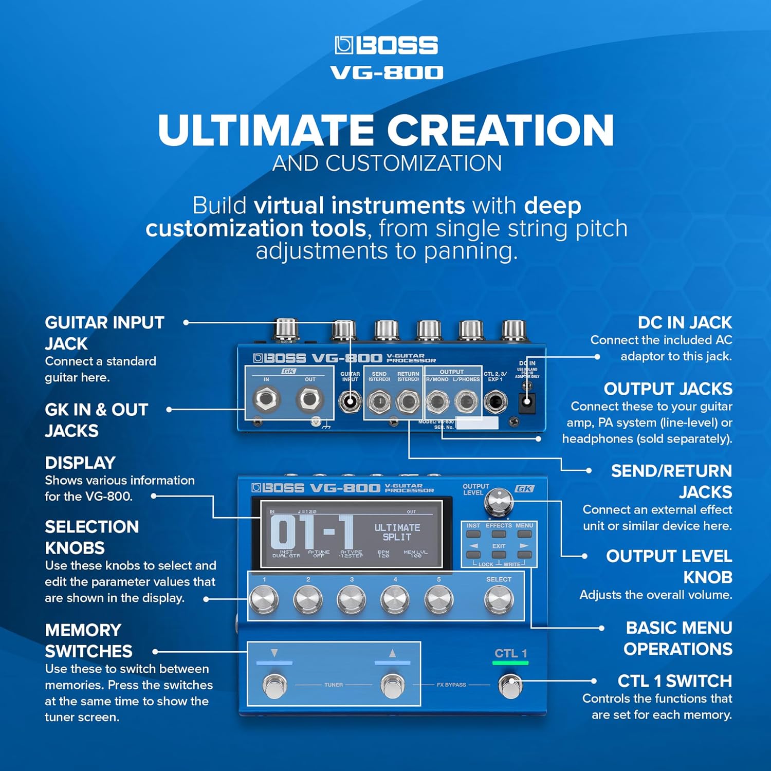 BOSS VG-800 | Next-Gen V-Guitar Processor | Hyper-Realistic Stringed Instrument Modeling | Instant Custom, Alternate or Drop Tunings | Dual Guitar & Bass Functions
