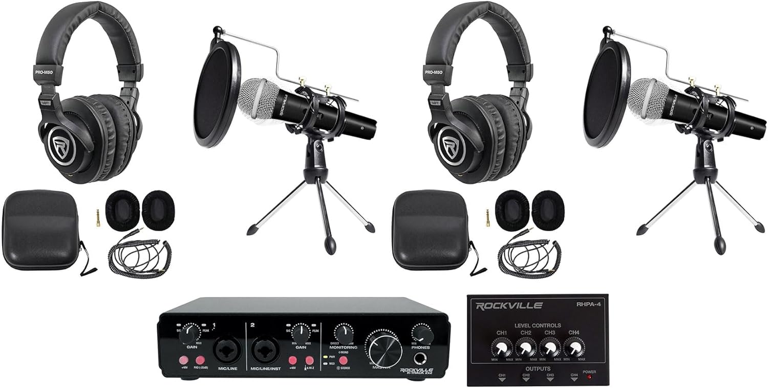Rockville R-TRACK 2x2 Bundle: USB recording interface 24 Bit 192 kHz, (2) RMC-XLR dynamic mics, (2) PRO-M50 headphones, (2) RTMS21 desktop stands, RHPA4 headphone amp, 3 ft TRS cable, 9-items