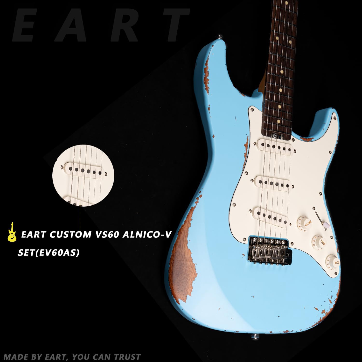 EART Vintage-VS60 6 String Soft Relic Solid-Body Guitar-Full Size Roasted Rosewood Relic Finish VS60 Pickups 6-Point Synchronized Tremolo Bridge Electric Guitar for Blues, Classics,Right Hand