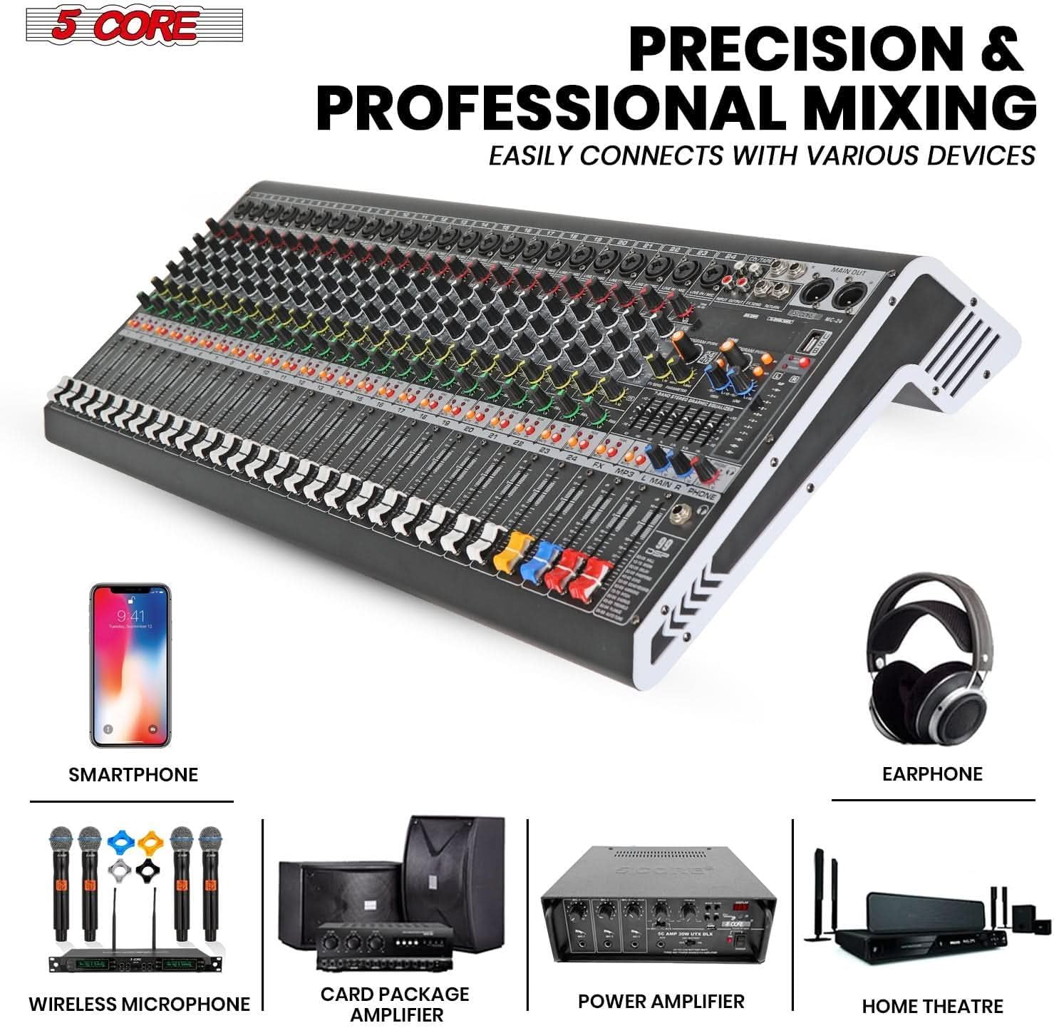5 Core Audio Mixer 24 Channel DJ Sound Board w Bluetooth USB PC Recording PA Analog Mixing Interface