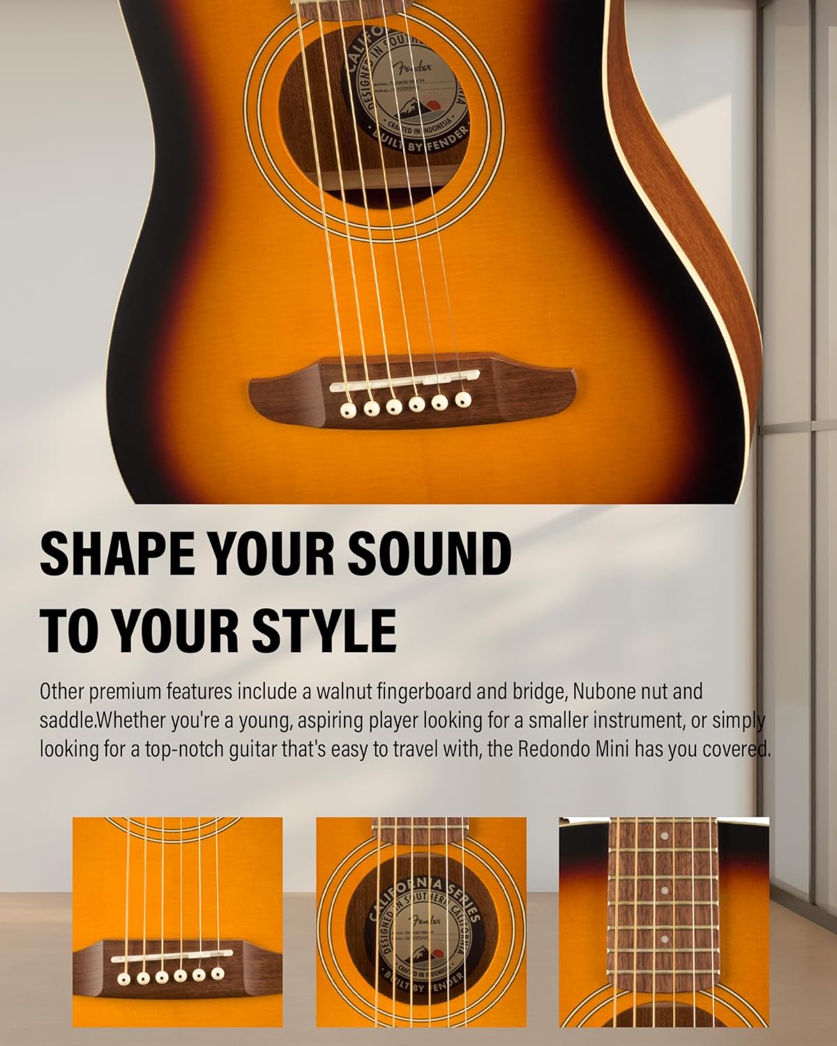 Fender Redondo Mini Acoustic Guitar Bundle with Gig Bag, Strap, Clip-on Tuner, Strings, String Winder, Picks, and Austin Bazaar Instructional DVD - Sunburst