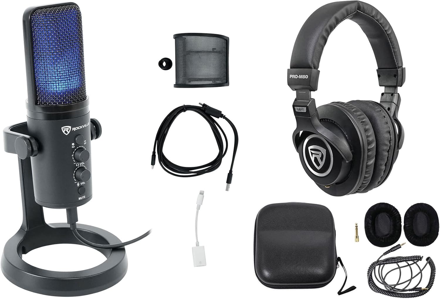 Rockville Podcasting Bundle: Rock-Stream PRO Dual Pattern USB Microphone for Gaming Streaming Recording, PRO-M50 Studio Headphones with Detachable Cable Case Extra Ear Pad, 2-Items