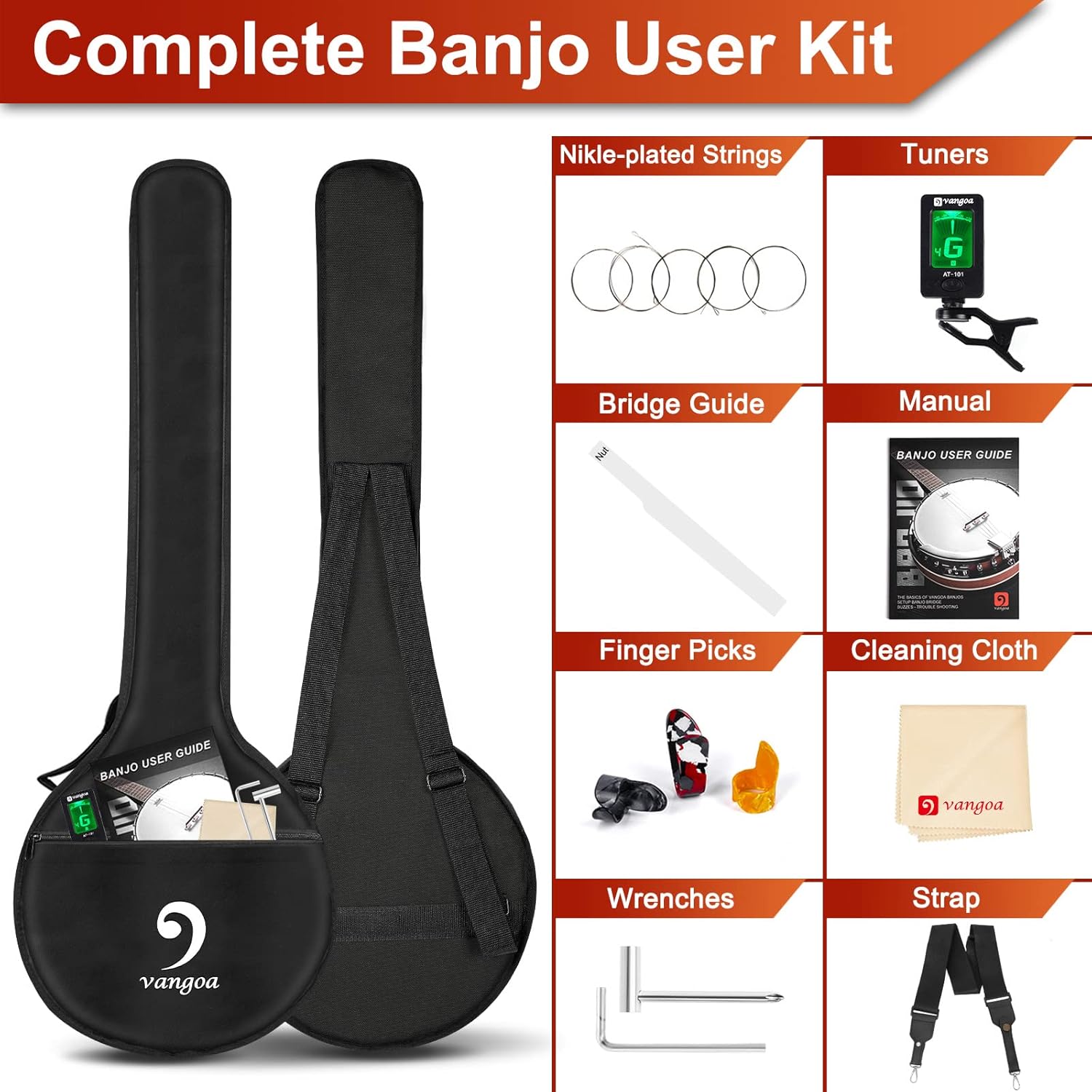 Vangoa Banjo 5 String Beginner Full Size Kit, Remo Head 24 Bracket Open Back Banjo Set with Resonator for Starter Adult Youth Teen