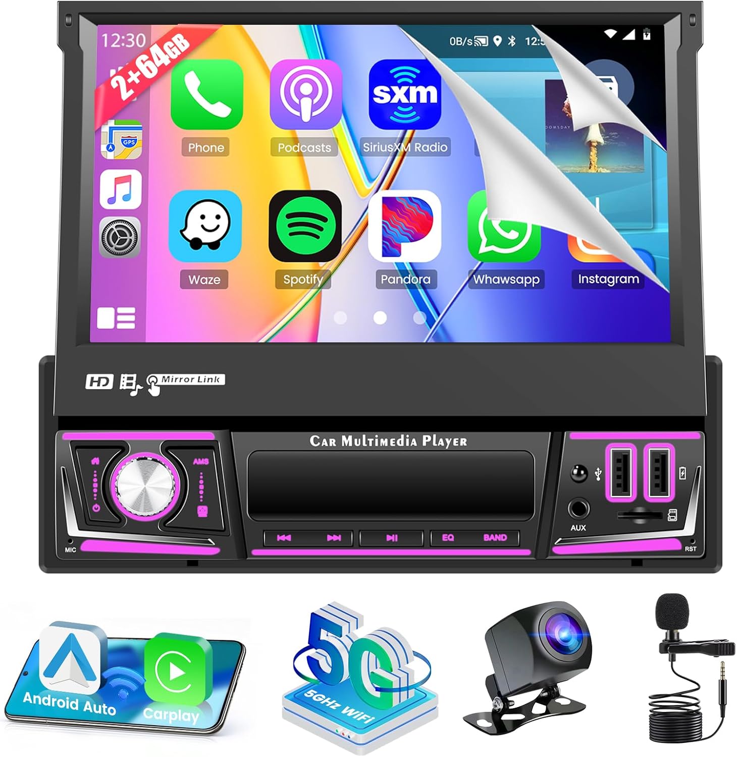 Android 15 Single Din Car Stereo Radio with Wireless Carplay Android Auto, 7 Inch Manual Flip Out IPS Screen with DSP, FM/RDS, Bluetooth, Mirror Link, GPS, WiFi, Dual USB Port 2G RAM 64G ROM