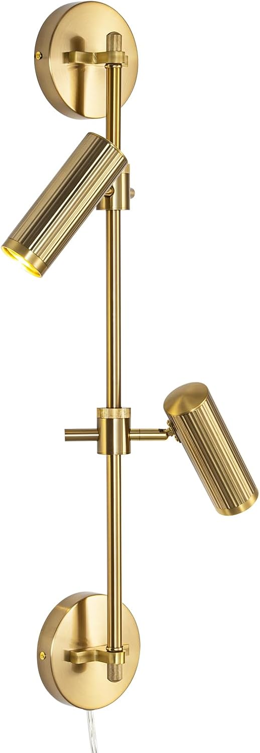 Gold Plug in Wall Sconces, 3 Lights Wall Mount Lamp with Rotatable Shade 3000K Warm White Wall Light for Bedroom Living Room Picture Light (Bulb Included)
