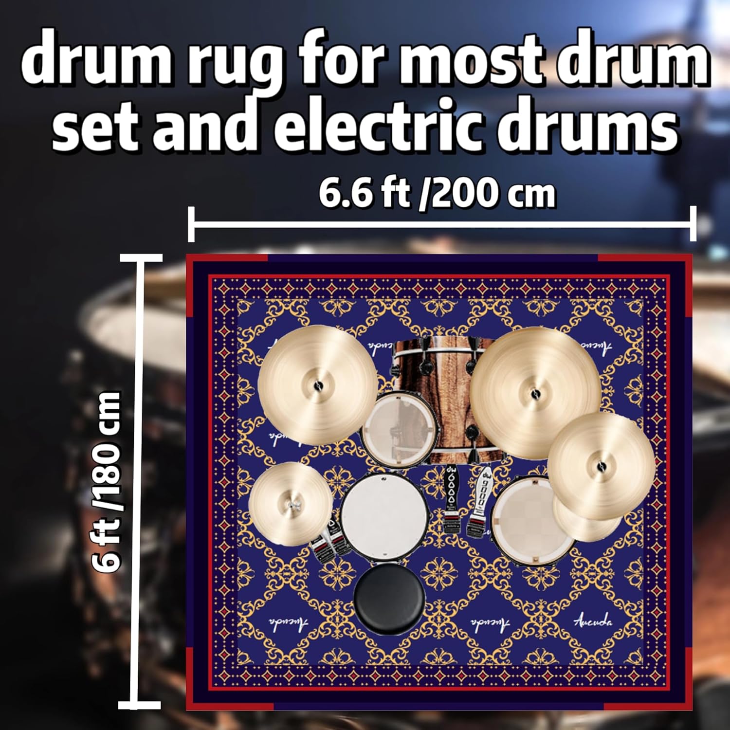 Aucuda Blue Drum Rug 6x6.6 ft Drum Mat Outdoor, Tightly Woven Fabric Cool Drum Set Carpet with Non-Slip Grip Bottom, Electric Drum Accessories for Studio, Apartment, Soundproof, Guitar, No Crease.