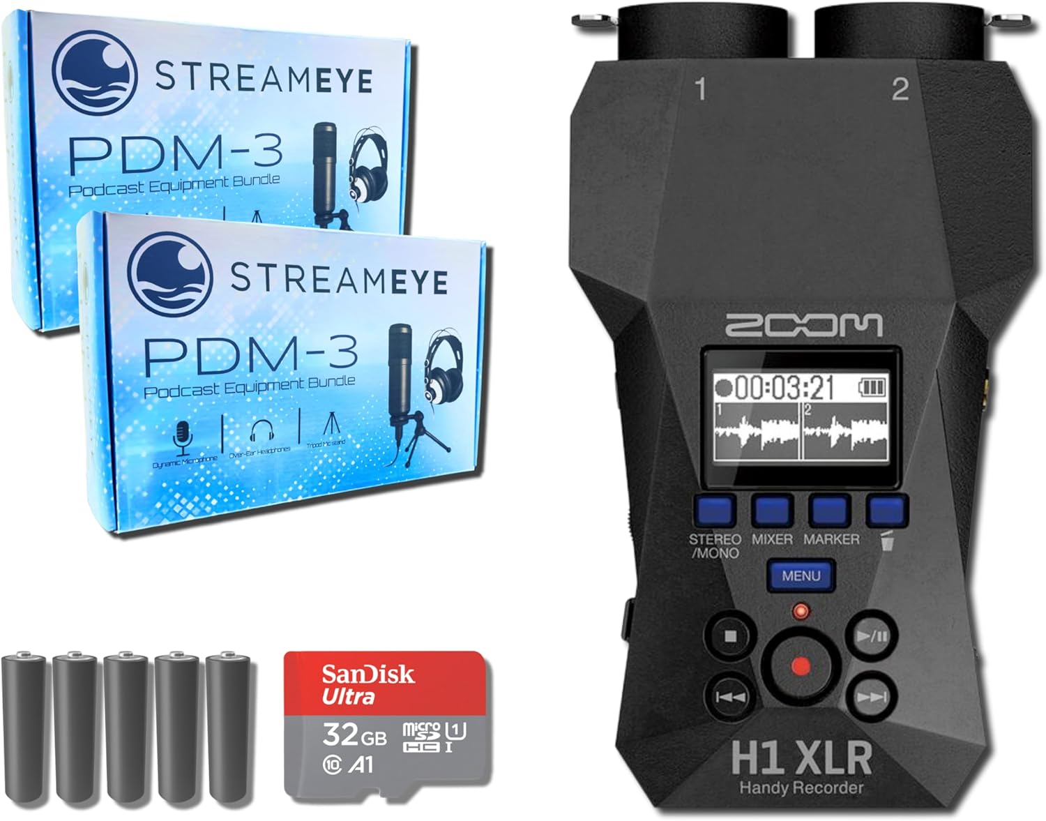 Zoom H1 XLR Portable Recorder with 2x StreamEye PDM-3 Podcast Equipment Bundles