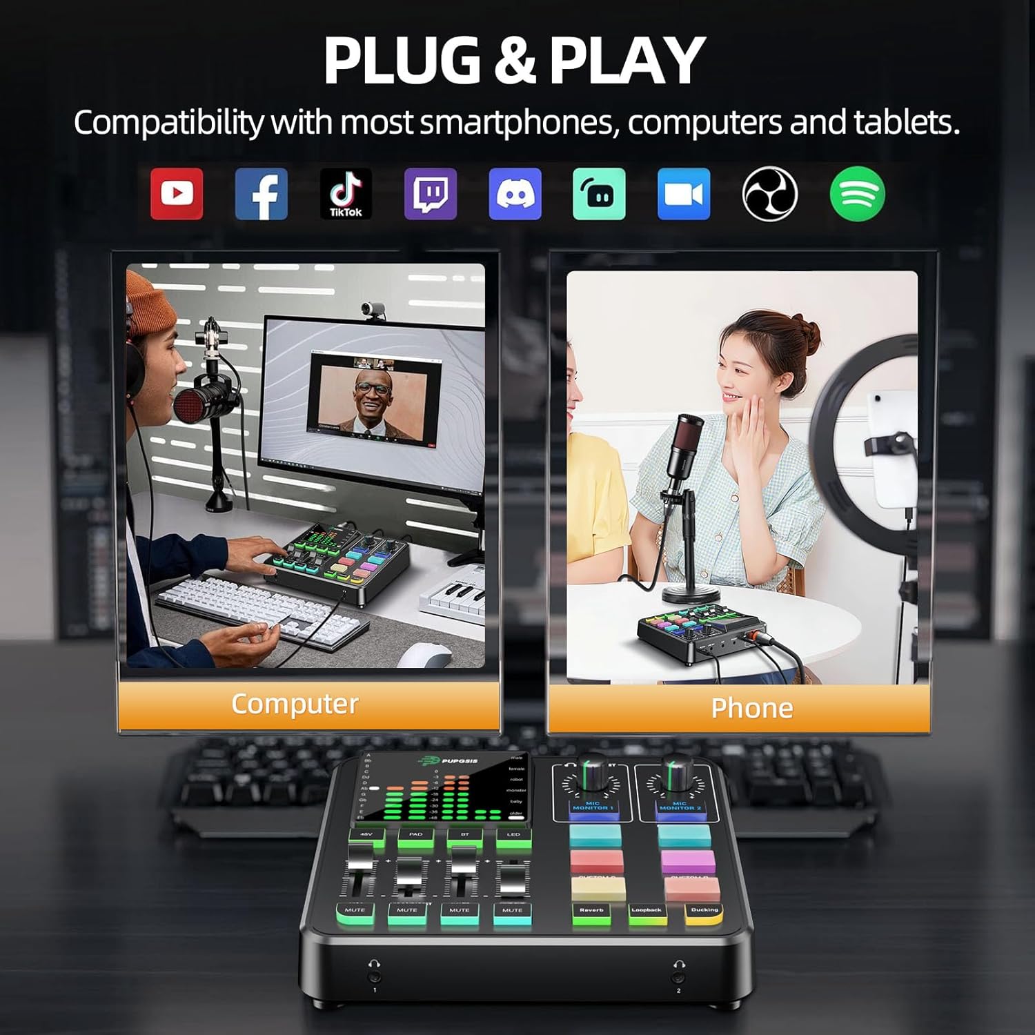 PUPGSIS Podcast Equipment Bundle with Audio Mixer, XLR Dynamic Microphone, Pro-preamp, Bluetooth 5.3