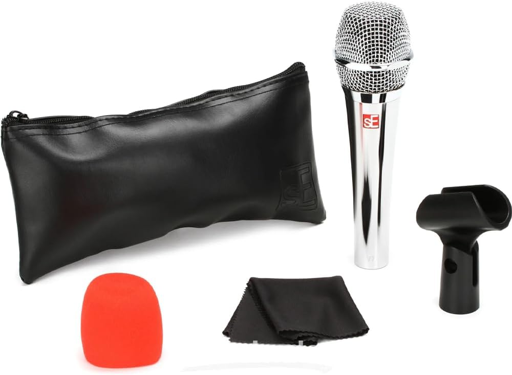 Liquid Audio sE Electronics V7 Supercardioid Dynamic Vocal Microphone in Chrome Finish Bundle w/Pig Hog PHM10 8mm Mic Cable Polishing Cloth