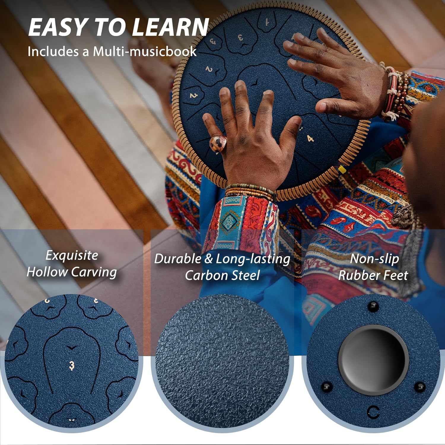 Steel Tongue Drum, 13 Inch 15 Notes Tongue Drums, C Major Drum Percussion Instruments, Handpan Drums with Music Book, Drum Mallets and Carry Bag (Navy Blue)